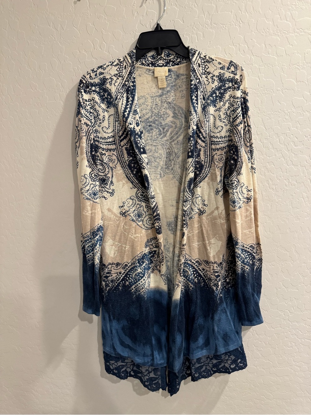 Chico's Blue and Cream Paisley Dip-Dye Open-Front Cardigan
